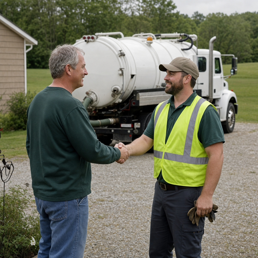 A septic technician shaking a Fremont homeowner's hand beside the service truck after a completed pump-out
