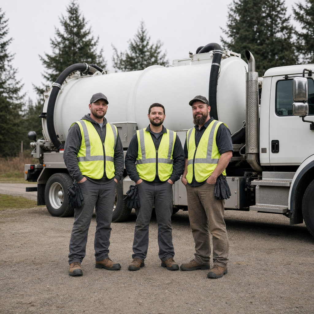 The Fremont septic pumping crew standing together beside their clean white vacuum truck on a residential street
