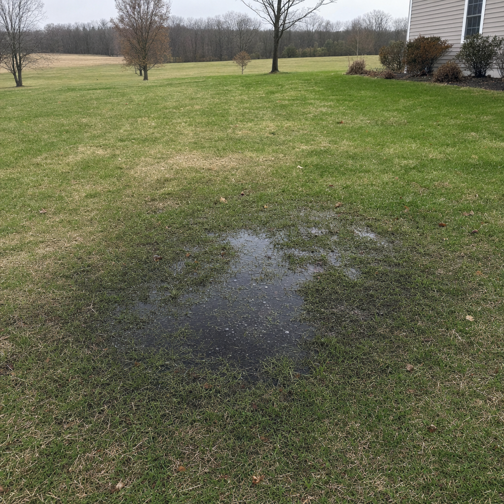 A dark, saturated wet spot in a Fremont backyard lawn marking a failing cesspool at capacity