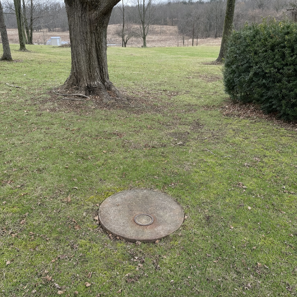 An older round cesspool access lid set flush in an established, mature Fremont backyard lawn