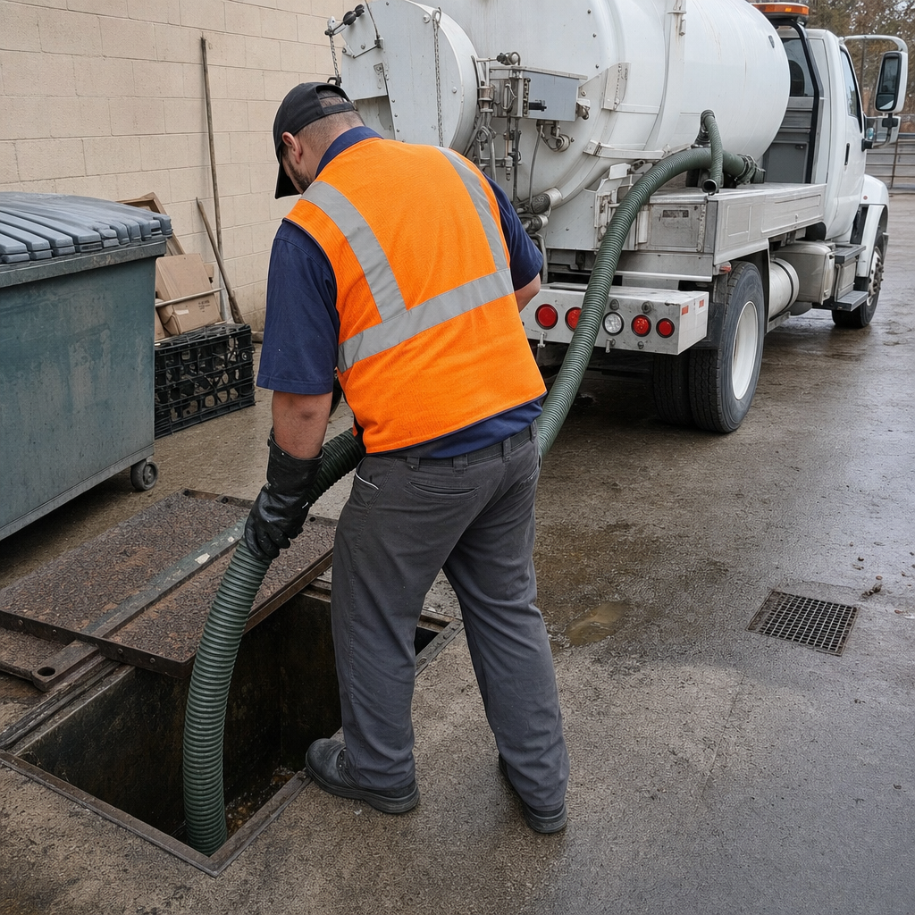 Technician pumping a grease trap behind a Fremont restaurant
