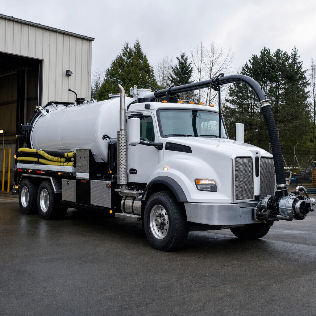 A clean white septic vacuum truck rolling out of a tidy Fremont service depot at the start of the day