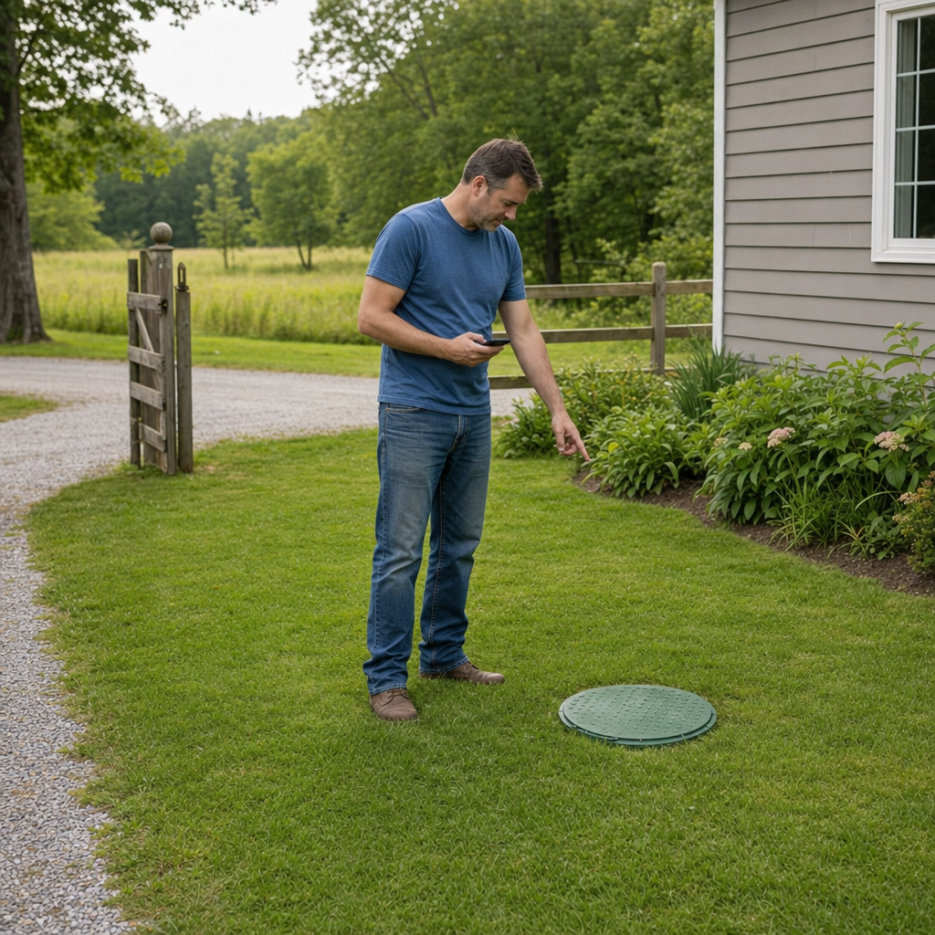 A Fremont-area homeowner standing in the backyard noting where the septic tank lid and access route are located