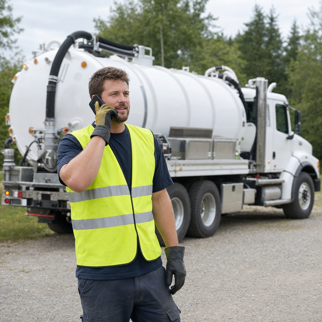 A friendly septic dispatcher holding a phone, ready to answer a Fremont homeowner's call about a pump-out