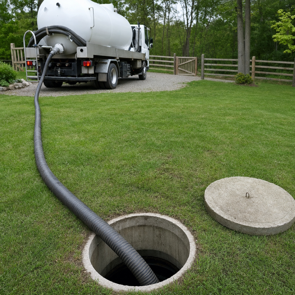 Suction hose connected to an open septic tank, drawing it down in a tidy Fremont yard