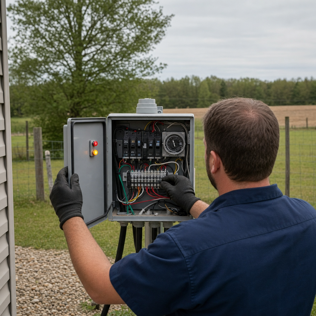 Technician checking an aerobic septic control box with a lit red high-water alarm during a same-day Fremont visit