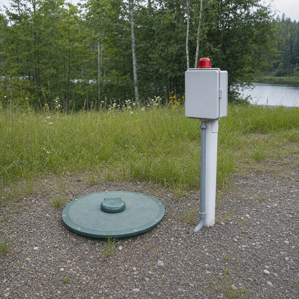 A wastewater holding tank access lid set in the ground at a rural Fremont-area cabin, with a mounted high-level float alarm panel nearby