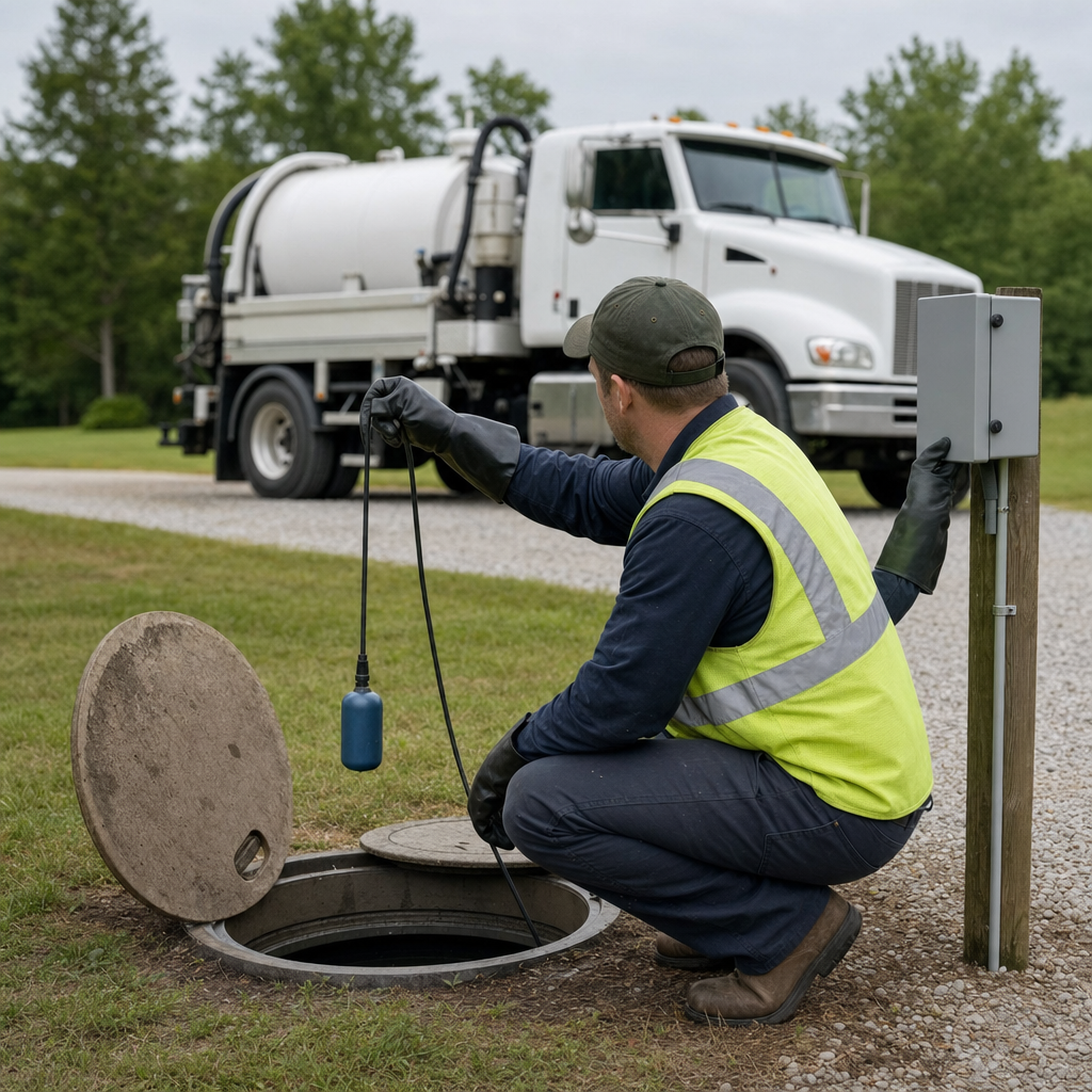 A septic technician in a high-visibility vest checking a high-level float switch and alarm panel on a holding tank at a rural Fremont-area site