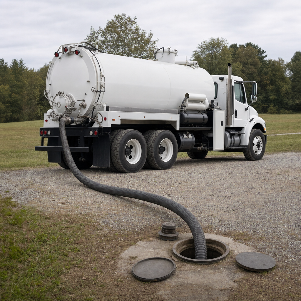 An unmarked white vacuum truck emptying a wastewater holding tank on a scheduled visit at a rural Fremont-area property, thick suction hose running to the tank lid