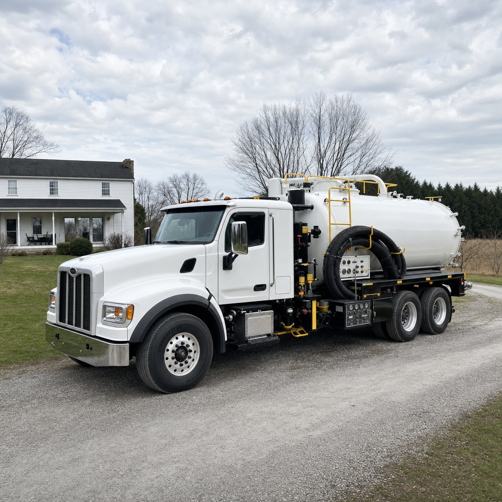A clean white septic vacuum truck parked on a tidy Fremont driveway with the suction hose neatly coiled
