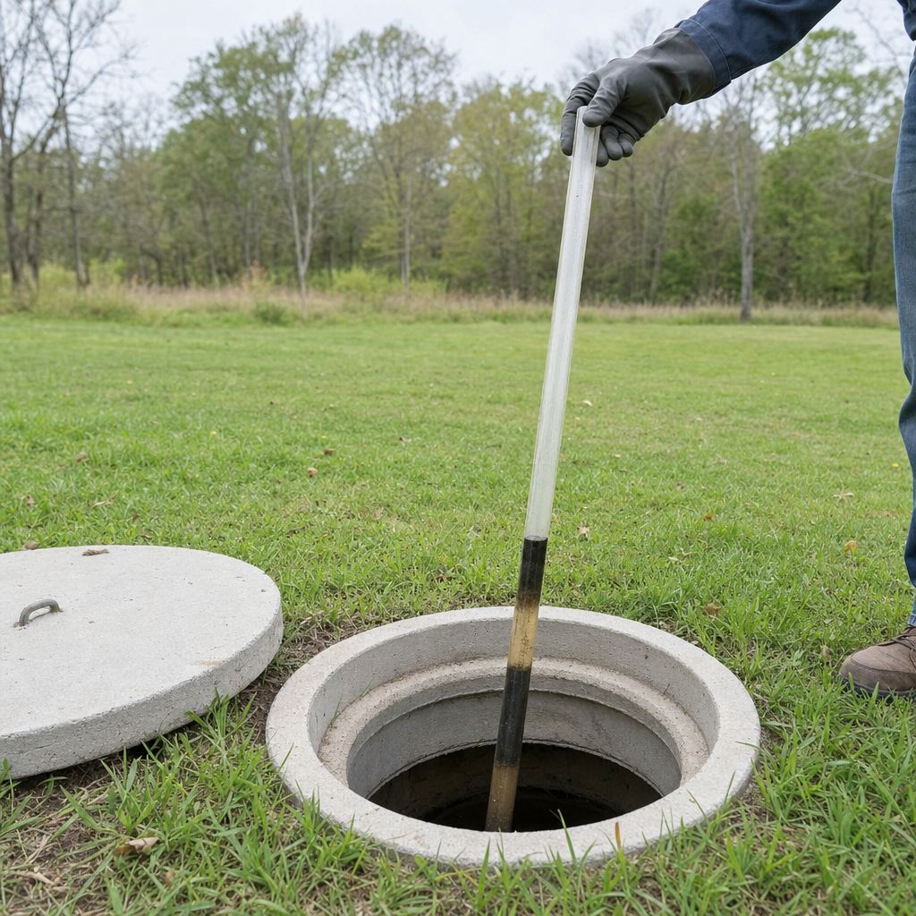 A septic sludge-judge measuring stick lowered into an open Fremont septic tank to read the depth of the sludge and scum layers before deciding whether a pump-out is due