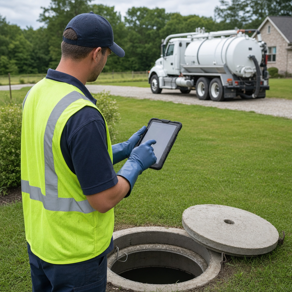 A septic technician recording a Fremont home's pump-out date and tank condition on a tablet beside an open access lid, tracking the service history that sets the next due date