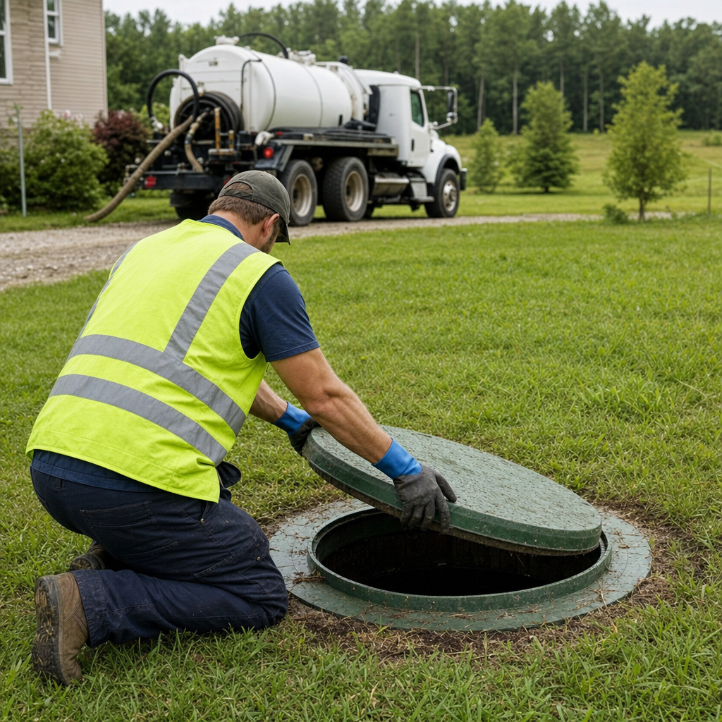 Septic technician kneeling on a Fremont lawn, lifting the access lid on a residential septic tank