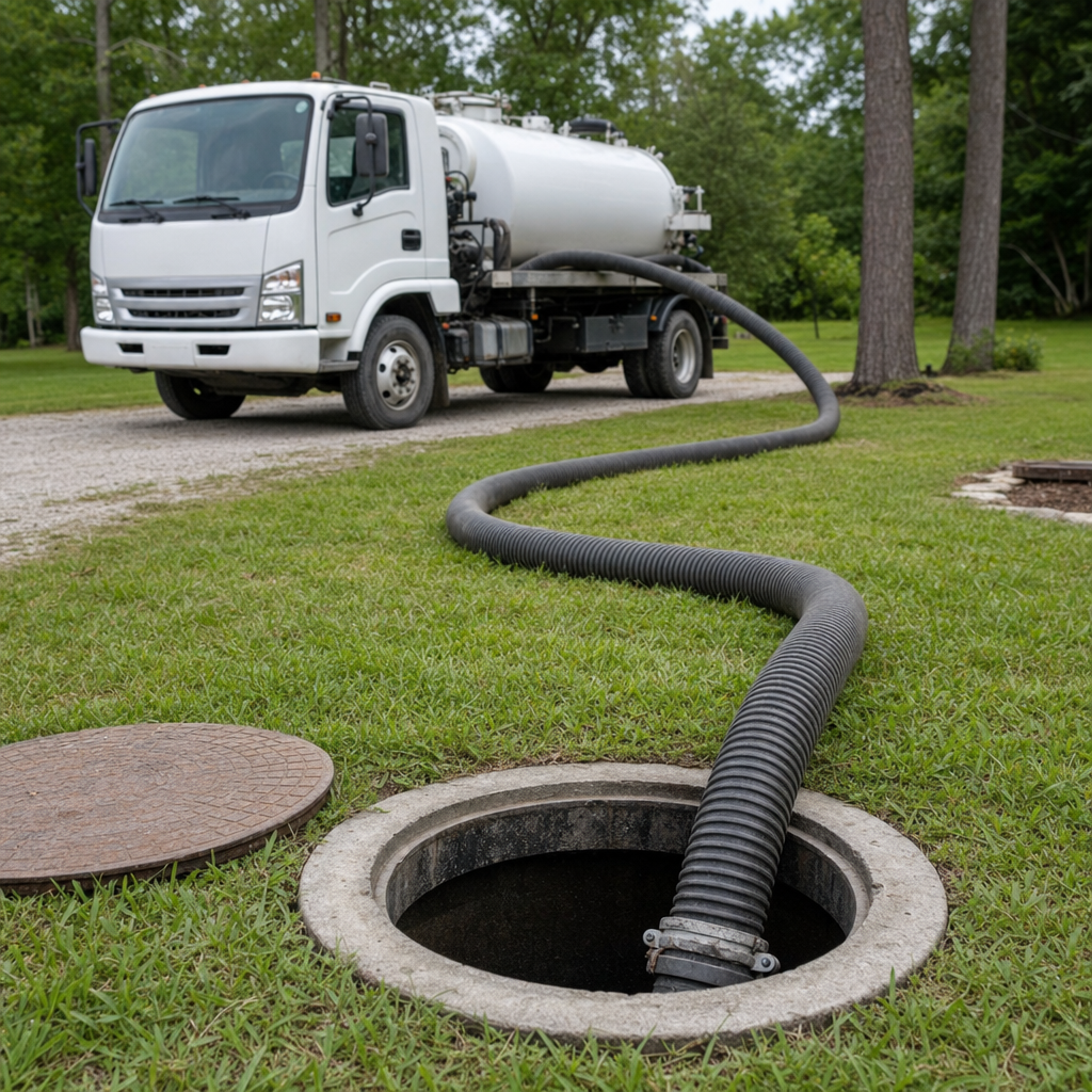 Thick ribbed suction hose lowered into a clean open septic tank port on a tidy Fremont backyard lawn