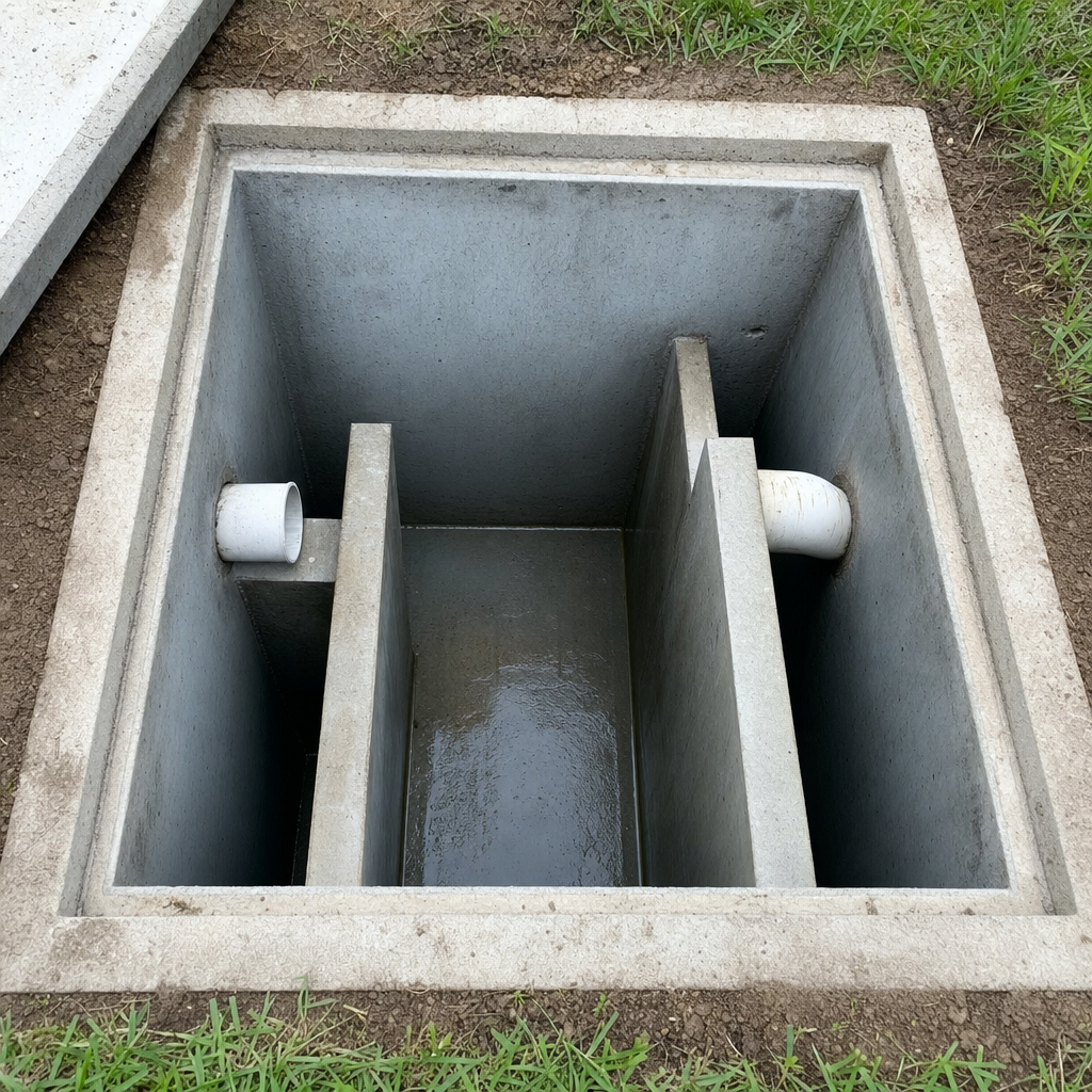 Inspection of the concrete baffles inside an open, emptied and freshly cleaned Fremont septic tank
