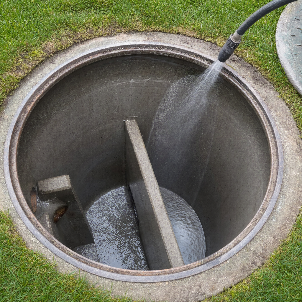 Interior concrete walls of an emptied Fremont septic tank being rinsed clean with the truck's onboard water hose
