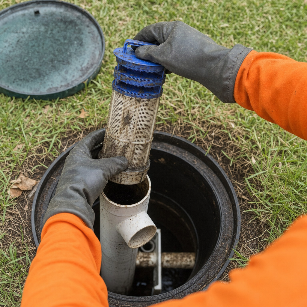 Septic technician's gloved hands lifting the effluent filter cartridge out of the outlet housing on a Fremont septic tank