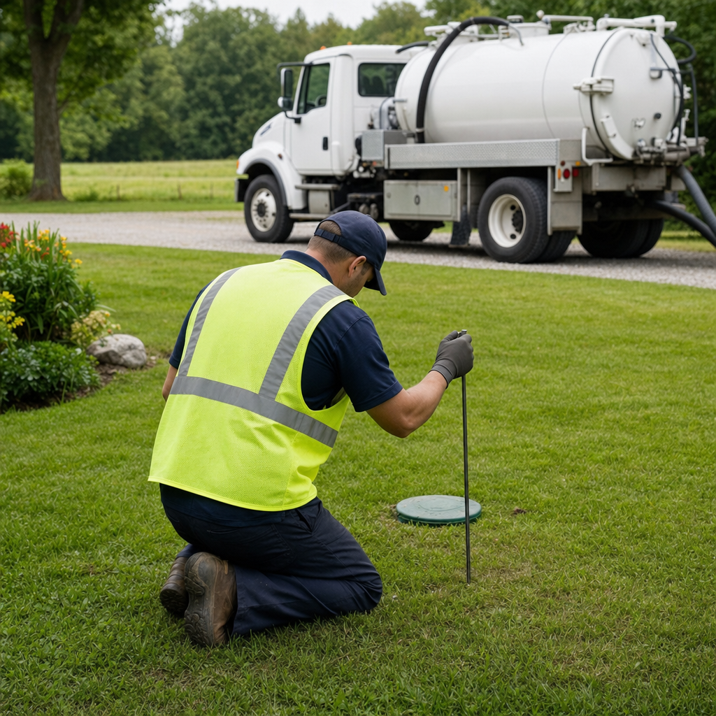 Septic technician kneeling on a Fremont lawn, probing to locate and measure the depth of a buried septic tank lid before pumping