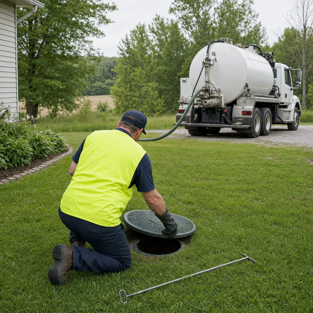 Septic technician kneeling on a Fremont lawn, lifting the buried access lid on a residential septic tank