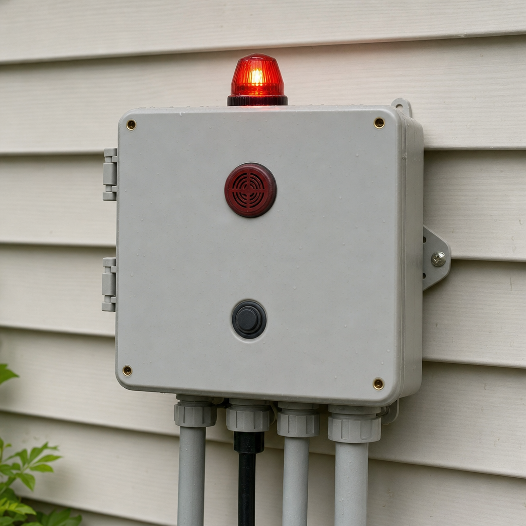 An aerobic septic system control panel mounted outside a Fremont home with its red high-water alarm light lit