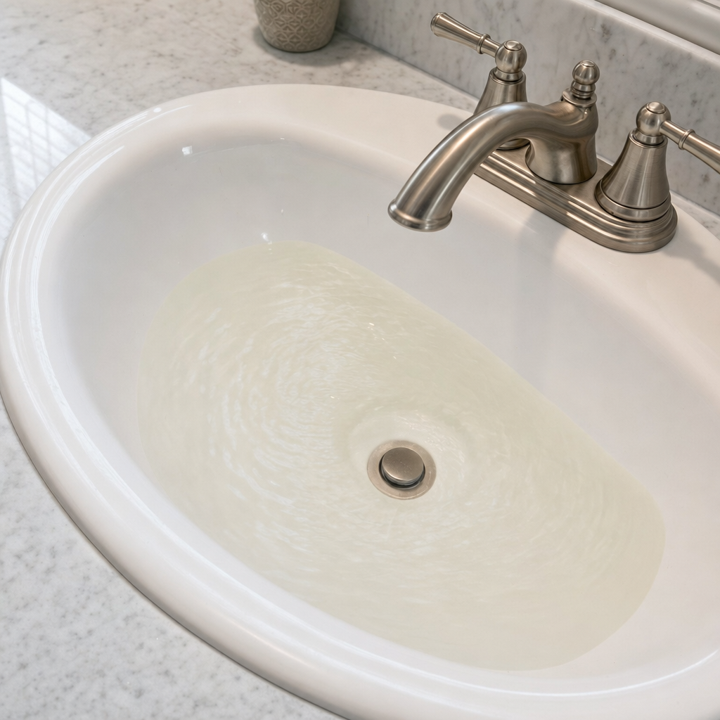 A bathroom sink draining slowly with water pooled in the basin, an early warning sign that a Fremont septic tank is full